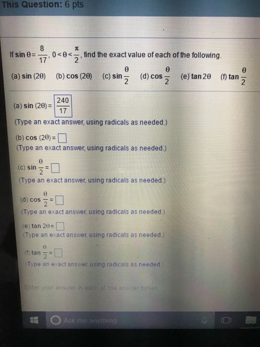 Solved If Sin Theta 8 17 0 Theta Pi 2 Find The Exact Chegg Com