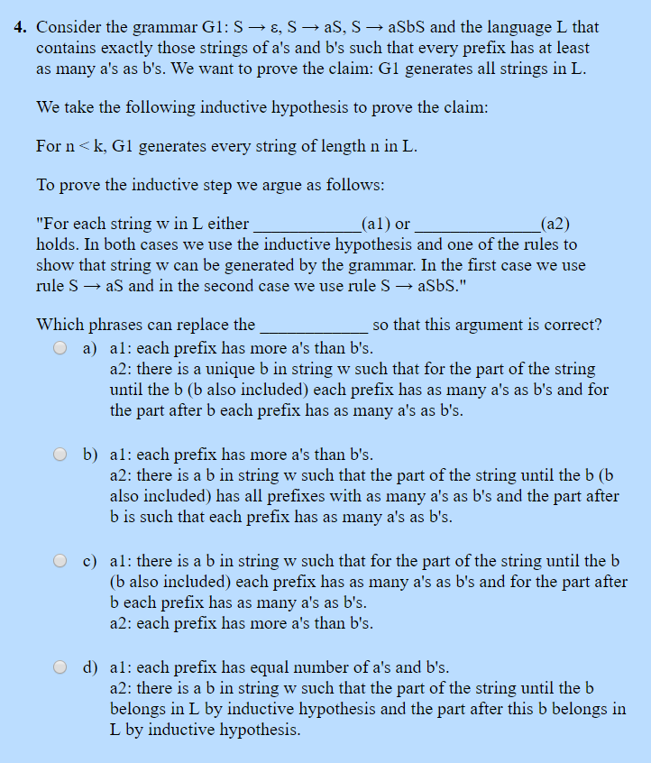 Solved 4 Consider Grammar G1 S S Sasbs Language L Contains Exactly Strings S B S Every Prefix Lea Q3534