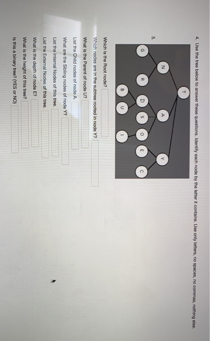 4 Use the tree below to answer these questions. Identity each node by the letter t contains. Use only letters, no spaces, no