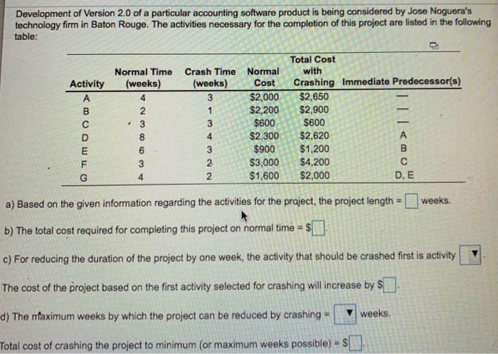 Development of Version 2.0 of a particular accounting software product is being considered by Jose Nogueras technology firm in Baton Rouge. The activities necessary for the completion of this project are listed in the following table: Total Cost Normal Time Crash Time Normal with Activity (weeks)(weeks) Cost Crashing Immediate Predecessorls) $2,000 $2,650 $2,200$2,900 $600 0 $2.300$2,620 $900 $1,200 $3,000$4,200 $1,600$2,000 D, E a) Based on the given information regarding the activities for the praject, the project lengthweeks. b) The total cost required for completing this project on normal time-s c) For reducing the duration of the project by 

<div class=