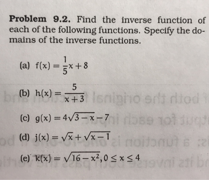 Solved Problem 9 2 Find The Inverse Function Of Each Of Chegg Com