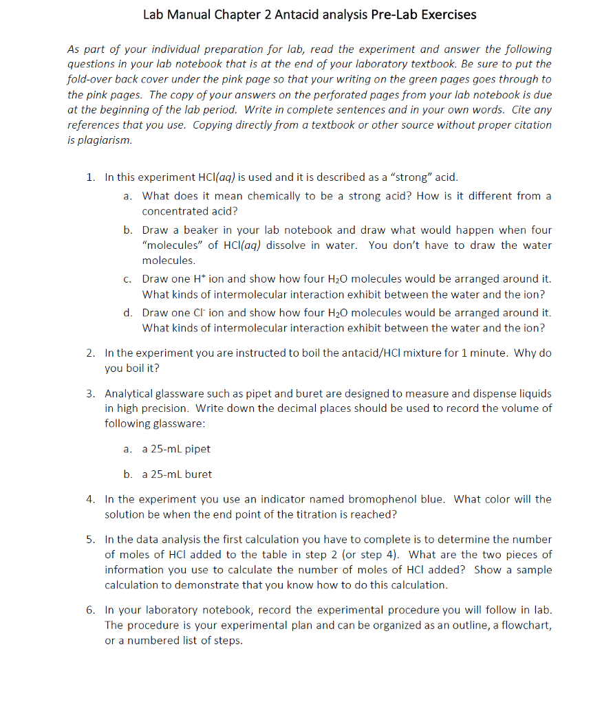 Lab Manual Chapter 2 Antacid analysis Pre-Lab Exercises As part of your  individual preparation