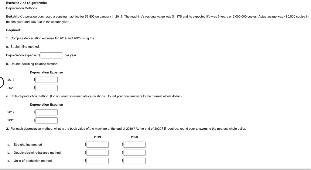 Solved Exercise 7-48 (Algorithmic) Depreciation Methods | Chegg.com