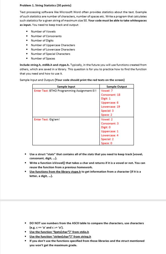 Problem 1. String Statistics (30 points) Text processing software like Microsoft Word often provides statistics about the tex