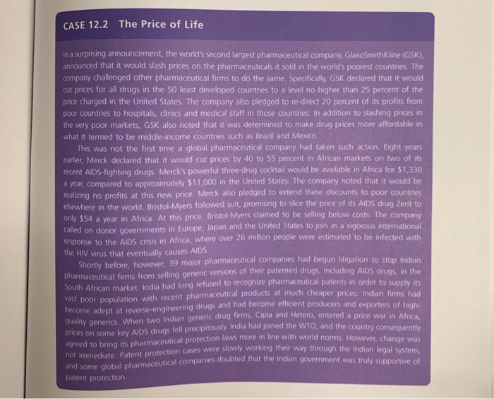 CASE 12.2 The Price of Life In a surprising announcement, the worlds second largest pharmaceutical company, GlaxoSmithKline