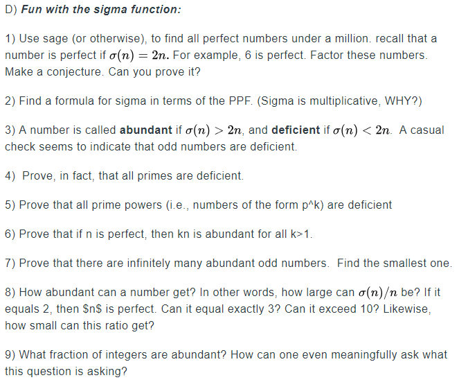 D Fun With The Sigma Function 1 Use Sage Or Chegg Com