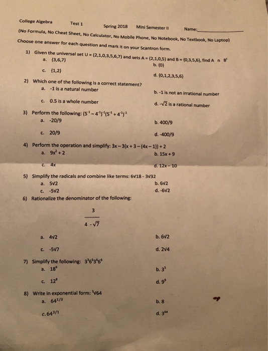 college algebra reference sheet