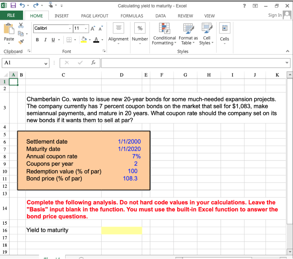 Solved Calculating Yield To Maturity Excel Home Insert Chegg Com