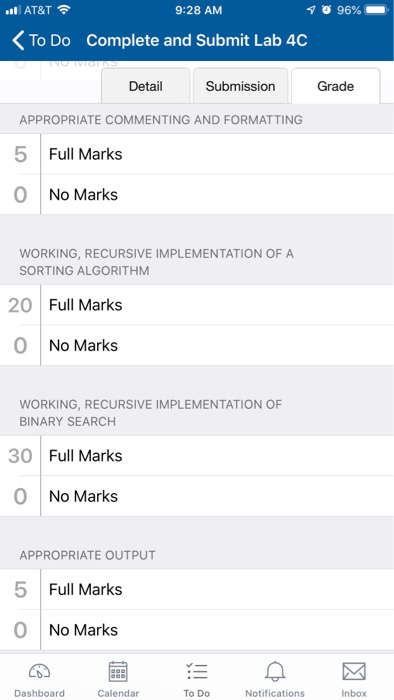 AT&T 9:28 AM nl To Do Complete and Submit Lab 4C Detail Submission Grade APPROPRIATE COMMENTING AND FORMATTING 5 Full Marks O