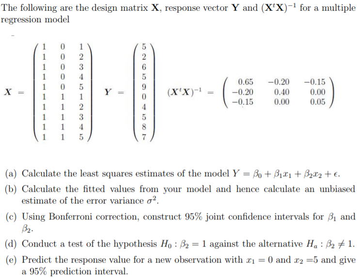 Solved The Following Are The Design Matrix X Response Ve Chegg Com