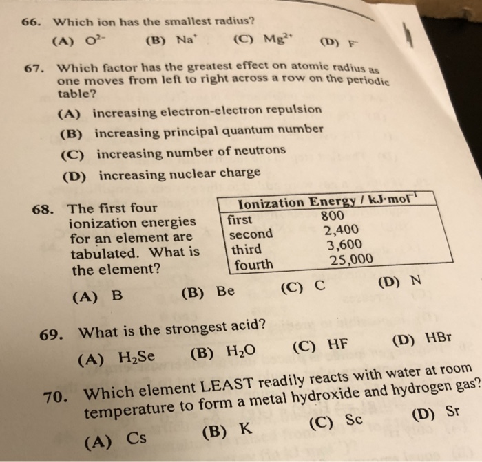 Solved 66. Which Ion Has The Smallest Radius? (A) O (B) Na' | Chegg.com