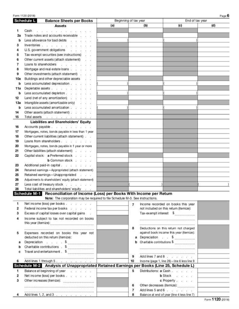 Complete The Form 1120 Template Schedule L That Is Chegg Form 1120 2018 Schedule L Page Balance Sheets Per Books Beginning Of Tax End