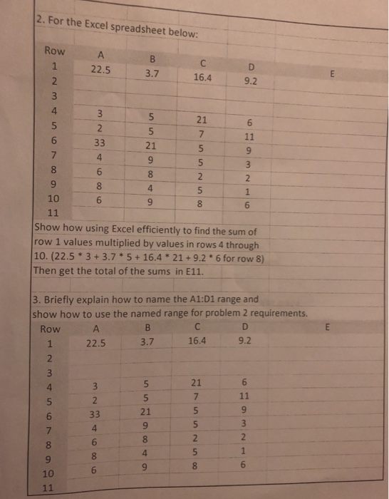 2. For the Excel spreadsheet below: RowA 22.5 3.7 16.4 9.2 21 6 21 4 8 10 Show how using Excel efficiently to find the sum of row 1 values multiplied by values in rows 4 through 10. (22.5 3+3.7 5 16.4 21+9.2 6 for row 8) Then get the total of the sums in E11. 3. Briefly explain how to name the A1:D1 range and show how to use the named range for problem 2 requirements. Row 1 22.5 3.7 16.4 9.2 21 21 10