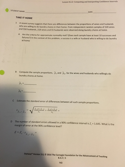 Solved: Lesson 8.2.2: Computing And Interpreting Confidenc ...