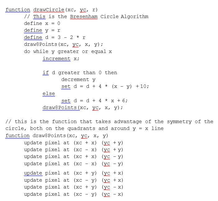 function drawCircle (xc, yc, r) // This is the Bresenham Circle Algorithm define x0 define y = r define d = 3-2*r draw8 Point