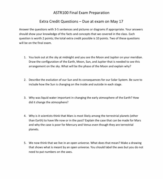 Astr100 Final Exam Preparation Extra Credit Questi