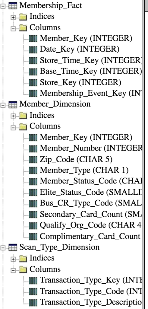 E Membership-Fact 0コIndices 曰(■ Columns 0I Member_Key (INTEGER) O Date_Key (INTEGER) Store_Time_Key (INTEGER OI Base_Time_Key