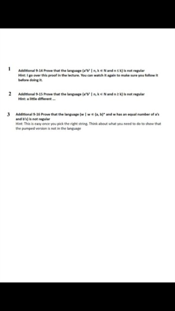 Additional 9-14 Prove that the language (abIn,ke Nandnsk is not regular Hint:I go over this proof in the lecture. You can wa