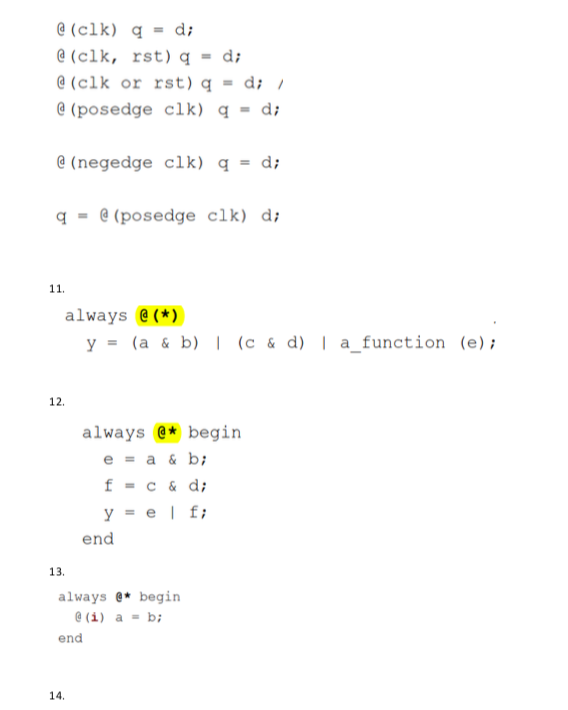 @(clk) q=d; (clk, rst)q- d (clk or rst) q di (posedge clk) q-di (negedge clk) q-di - (posedge clk) di always () y = (a & b) |