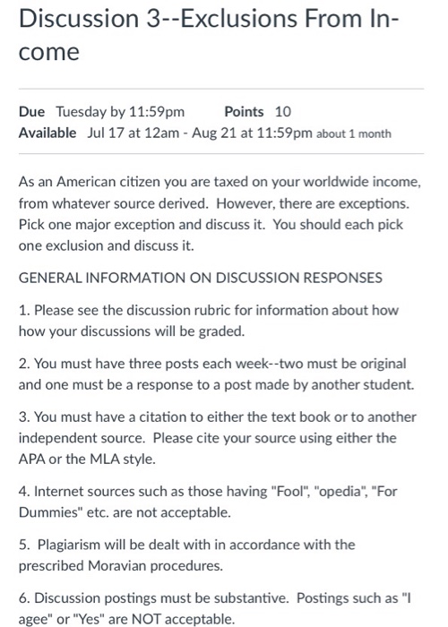 Solved Discussion 3 Exclusions From In Come Due Tuesday Chegg Com