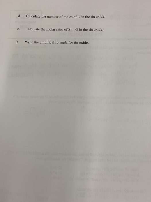 Solved D Calculate The Number Of Moles Of O In The Tin O Chegg Com