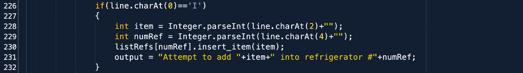 if (line.charAt (0)-I 226 227 228 229 230 231 232 int item Integer.parseInt (line.charAt (2)+; int numRef Integer.parseInt ( ї ine.charAt (4)+); listRefs [numRefl.insert_item(item): output-Attempt to add +item+ into refrigerator #4numRef;