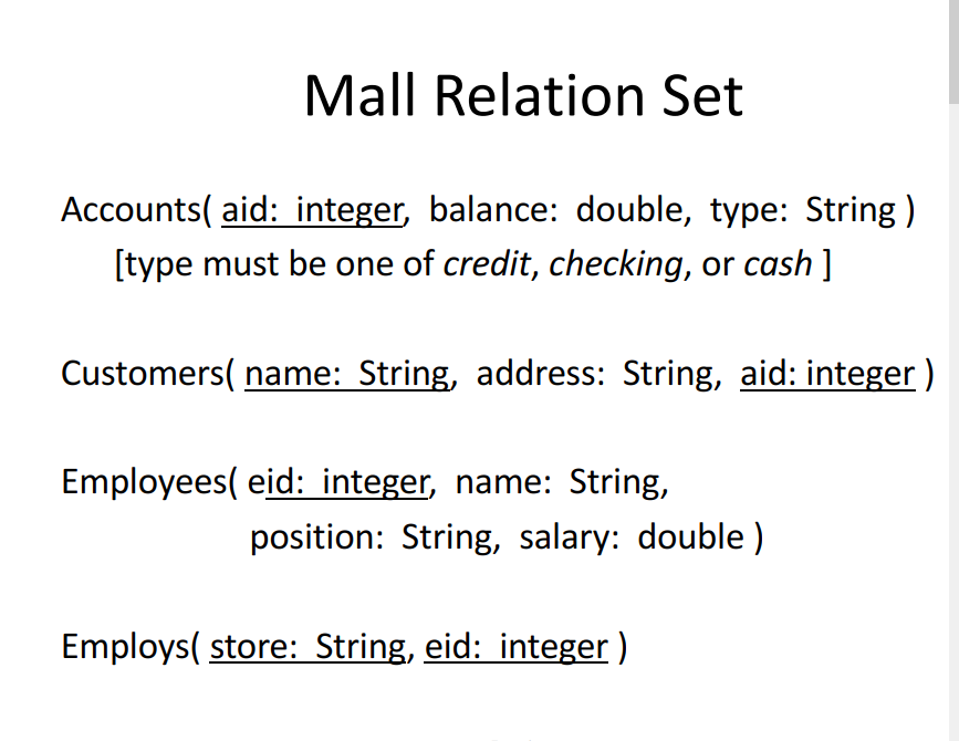 Mall Relation Set Accounts( aid: integer, balance: double, type: String [type must be one of credit, checking, or cash ] Cust