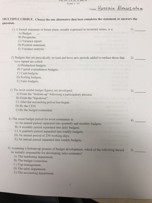 Exam 3 Vi Name Hussain Aimus Ala Multiple Choice Chegg Com