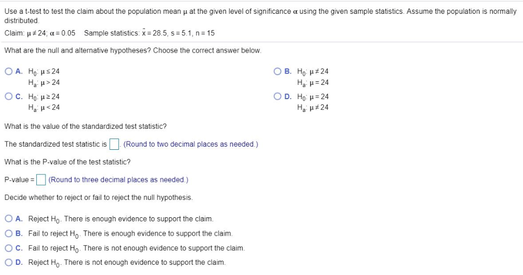 Solved Use A T Test To Test The Claim About The Populatio Chegg Com