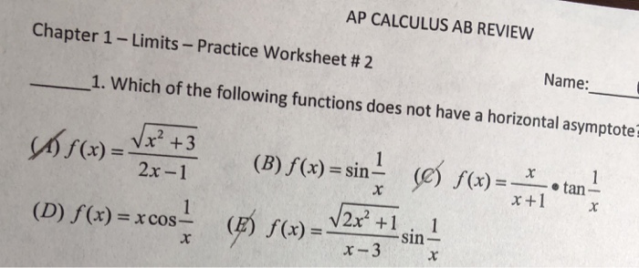 Ap Calculus Ab Review Chapter 1 Limits Practice Chegg Com