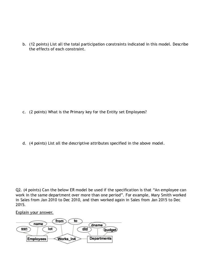 b. (12 points) List all the total participation constraints indicated in this model. Describe the effects of each constraint.