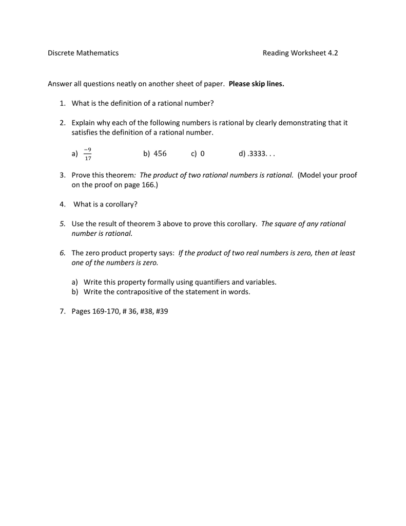 Solved Discrete Mathematics Reading Worksheet 200.20 Answer all Intended For Zero Product Property Worksheet