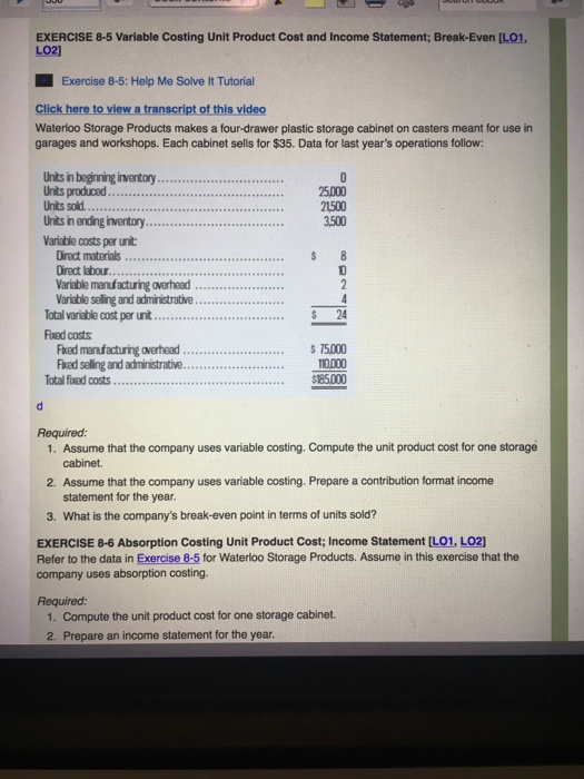 Solved Exercise 8 5 Variable Costing Unit Product Cost An