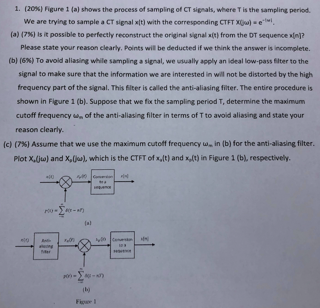 1, (20%) Figure 1 (a) shows the process of sampling of CT signals, where T is the sampling period. we are trying to sample a CT signal x(t) with the corresponding CTFT X(ju) = e- (a) (7%) Is it possible to perfectly reconstruct the original signal x(t) from the DT sequence x[n]? Please state your reason clearly. Points will be deducted if we think the answer is incomplete. (b) (6%) To avoid aliasing while sampling a signal, we usually apply an ideal low-pass filter to the signal to make sure that the information we are interested in will not be distorted by the high frequency part of the signal. This filter is called the anti-aliasing filter. The entire procedure is shown in Figure 1 (b). Suppose that we fix the sampling period T, determine the maximum cutoff frequency wm of the anti-aliasing filter in terms of T to avoid aliasing and state your reason clearly. (c) (7%) Assume that we use the maximum cutoff frequency uPm in (b) for the anti-aliasing filter. Plot Xa(jw) and Xp(jw), which is the CTFT of xa(t) and xp(t) in Figure 1 (b), respectively. xit) tplt) Conversionxn] to a sequence x(t) | Anti- filter seqee Figure 1