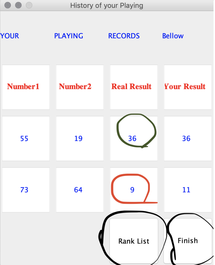 History of your Playing YOUR RECORDS Bellow PLAYING Number1Number2 Real Result Your Result 19 36 36 64 73 9 Finish Rank List