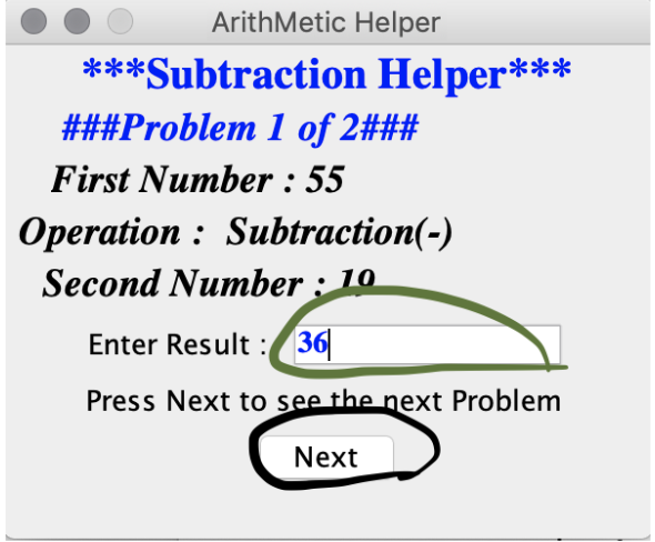 ArithMetic Helper *** ###Problem 1 of 2### First Number: 55 Subtraction Helper* ** Operation: Subtraction(-) Second Number; 1