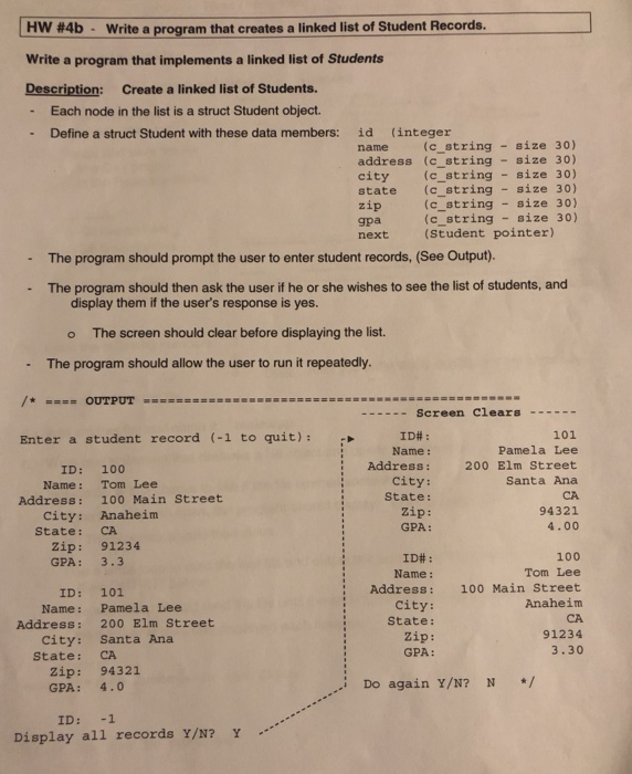 HV #4b-write a program that creates a linked list of Student Records. Write a program that implements a linked list of Studen