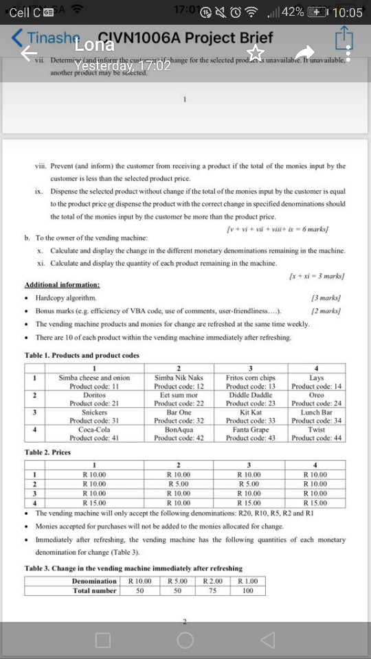 Cell C 17 Dag . .11142%, 10:05 Tinashe ÇIVN1006A Project Brief on vii. Determing (and inform the custhange for the selected s
