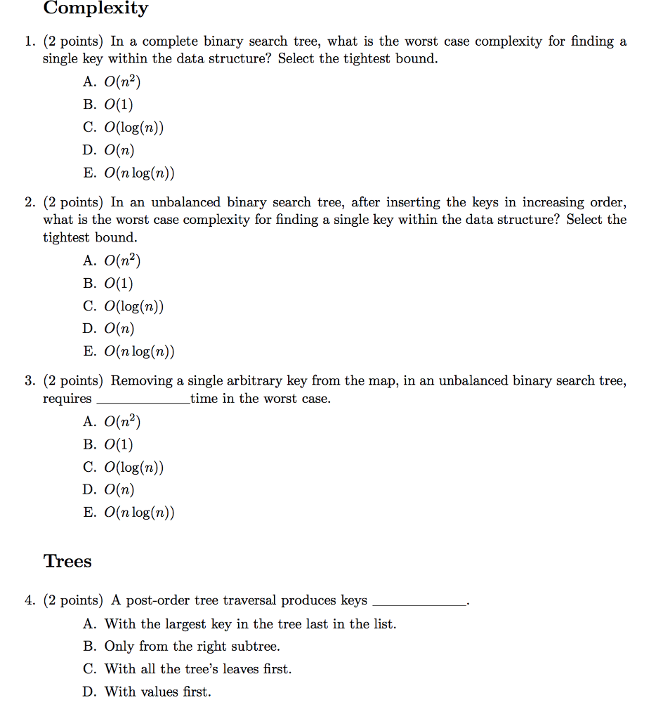 Solved Complexity 1 2 Points In A Complete Binary Sear Chegg Com