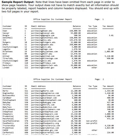 Sample Report Output: Note that lines have been omitted from each page in order to show page headers. Your output does not ha