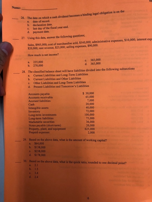 Solved Name 26 The Date On Which A Cash Dividend Become Chegg Com