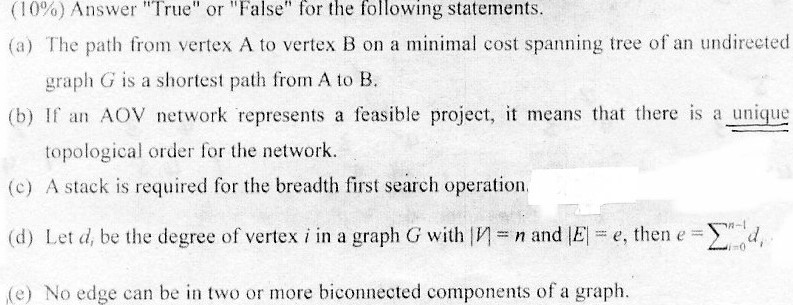 (10%) Answer True or False for the following statements. (a) The path from vertex A to vertex B on a minimal cost spanning tree of an undireeted graph G is a shortest path from A to B (b) If an AOV network represents a feasible project, i means that there is a unique topological order for the network. (c) A stack is required for the breadth first search operation. (d) Let d, be the degree of vertex i in a graph G with n and IE e, thend (e) No edge can be in two or more biconnected components of a graph. n-l