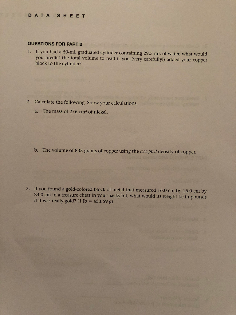 Data Sheet 3 Experimen T Naane Measurements Preci Chegg Com