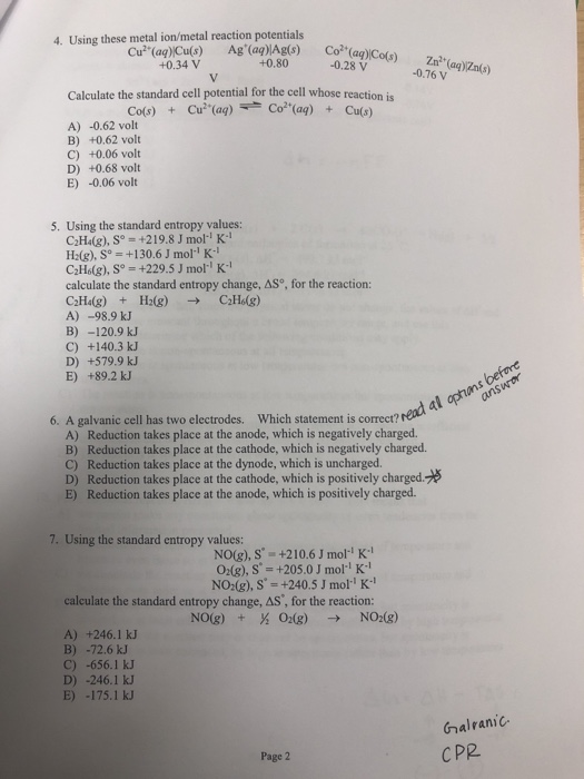 Solved 4 Using These Metal Ion Metal Reaction Potentials Chegg Com