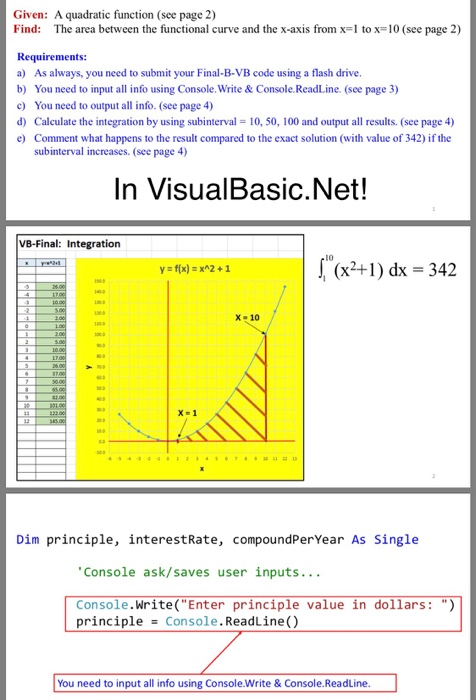 Given: A quadratic function (see page 2) Find: The area between the functional curve and the x-axis from x=1 to x=10 (see pag