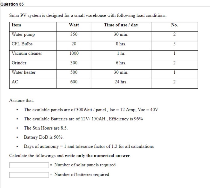 Solved Question 35 Solar Pv System Is Designed For A Smal
