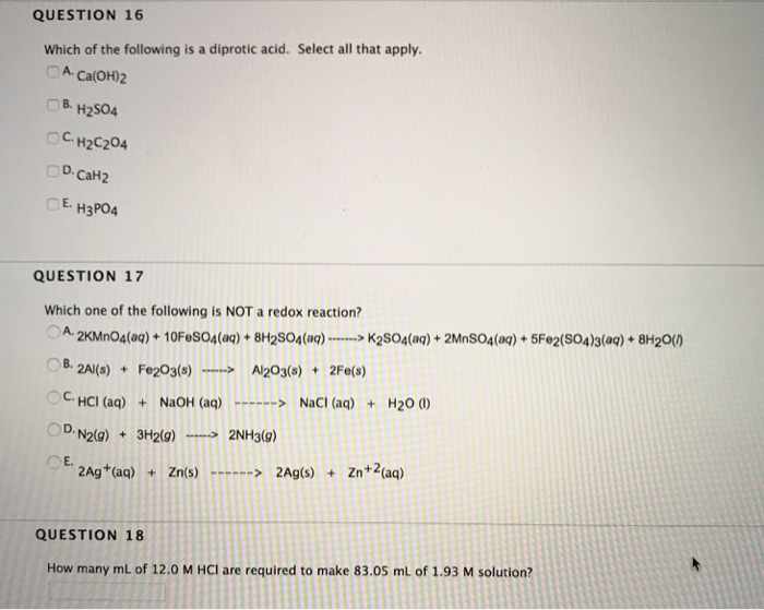 Solved Question 16 Which Of The Following Is A Diprotic | Chegg.com