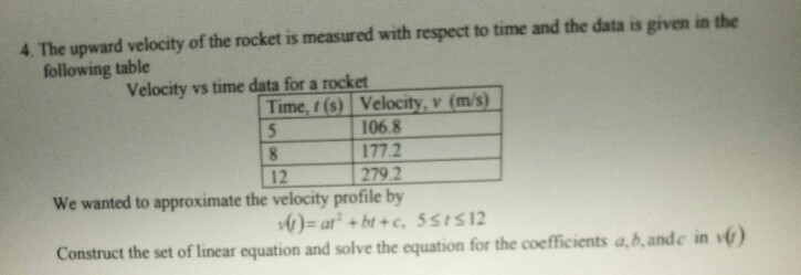 4. The upward velocity of the rocket is measured with respect to time and the data is given in the following table Velocity v