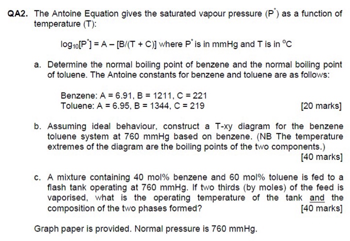 Solved The Antoine Equation Gives The Saturated Vapour Pr