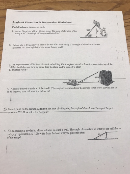 Angle Of Elevation Depression Worksheet Find All Chegg 